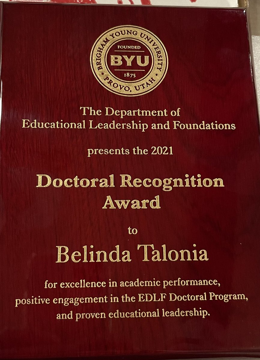 btalonia's tweet photo. Humbled to be recognized by my professors at Educational Leadership @BYUMcKaySchool and the Ed.D cohort of 2020. #EdDinprogress #TaloniaTime https://t.co/xe4CzKZQcF