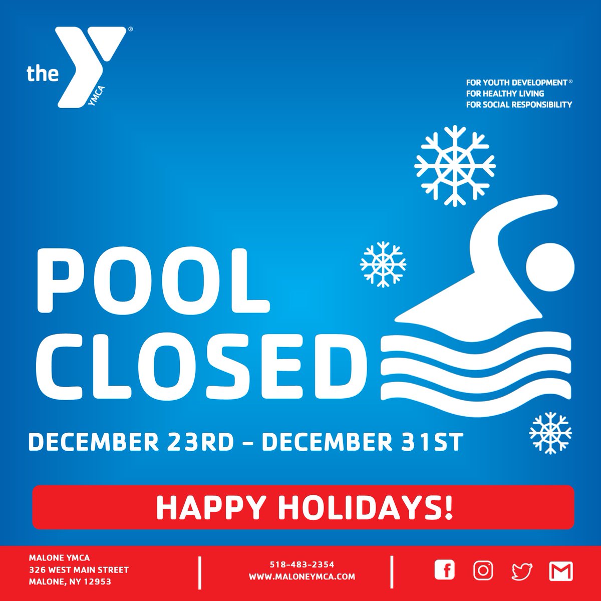 MaloneYmca's tweet image. The pool will be closed from 12/23 through 12/31, while school is not in session.

Enjoy the holiday! 

#poolhours #holidayhours #holiday #happyholidays