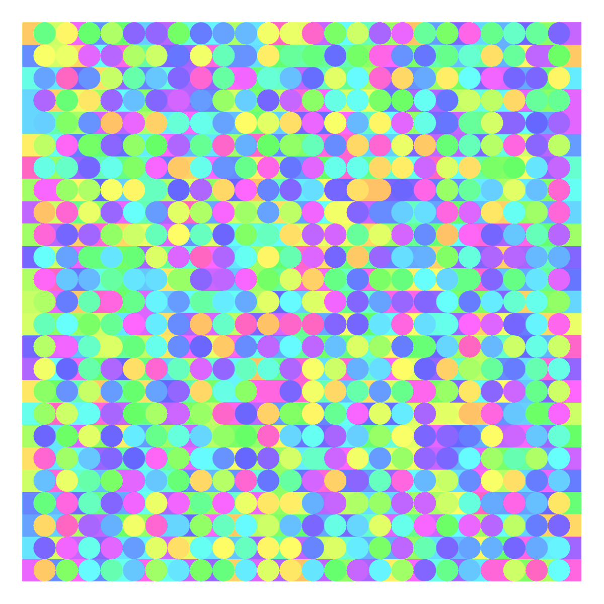rtbyts's tweet photo. @ClausWilke @1Abstract_1 @KennyVaden b<-25
c<-rainbow(100,0.6,1,0.1,0.9)
l<-c(1,b+1)
par(mar=rep(0,4))
plot(NULL,xlim=l,ylim=l,axes=F)
for(i in seq(b)){
for(j in seq(b)){
polygon(c(i,i,i+1,i+1),c(j,j+1,j+1,j),col=sample(c,1),border=NA)
if(i>1&i<=b) points(i,j+0.5, pch=16, col=sample(c,1),cex=5)
}}
#rtistry280 https://t.co/h0dazI9r8Q