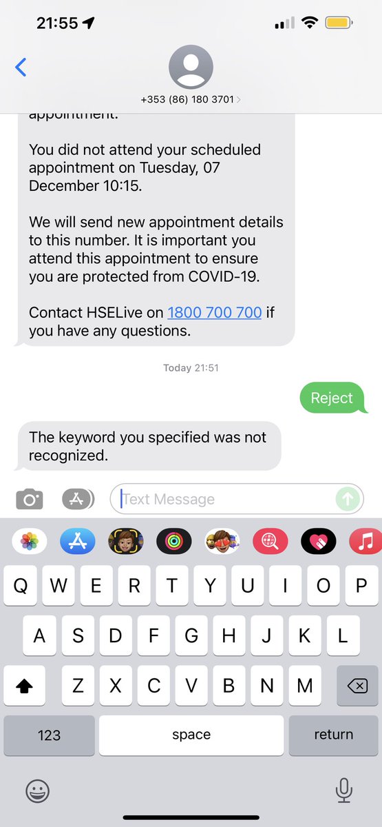 alex_mcdonnell's tweet photo. ⁦@HSELive⁩ ⁦@FergalBowers⁩ HSE Covid text response can’t recognise lower case ? https://t.co/wSzoIcj1Dd