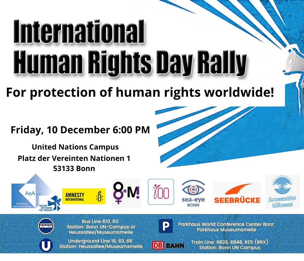 KhatimaKakar's tweet photo. Call for the demonstration on 10 December 2021 in Bonn! 
How human rights are violated can also be seen in the violation of women's rights in Afghanistan or the persecution of human rights activists in Iran, Palestine or Nicaragua.
#humanrights #standwithafghanistan #EvacuateNow https://t.co/ca0qGlUFSa