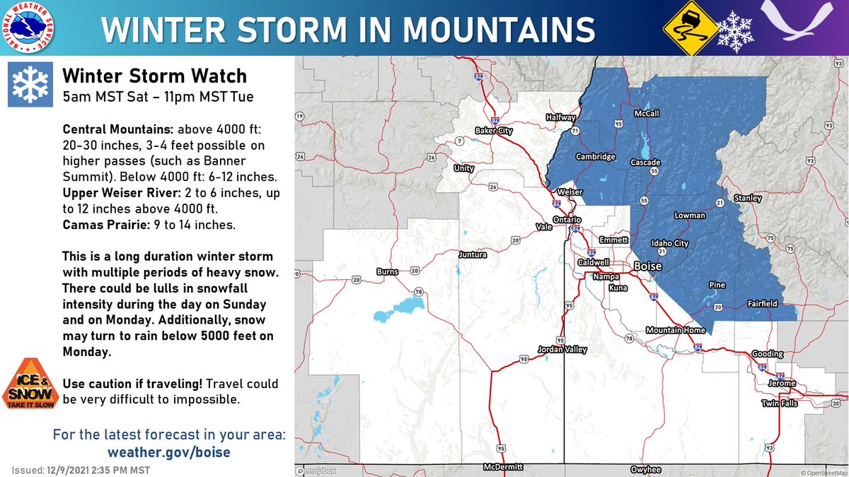 NWSBoise's tweet photo. ⚠️The Winter Storm Watch for heavy snow has been extended to start at 5 a.m. MST Saturday and continue through 11 p.m. MST Tuesday for the West Central &amp; Boise Mountains, upper Weiser Basin, and Camas Prairie. 

Snowfall will be measured in feet above 4000 feet! ❄️ #IDwx #ORwx https://t.co/7iH3JsatwN