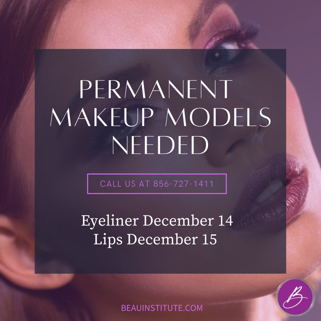 Permanent Makeup Models needed next week for an upcoming class.

Eyeliner Models-December 14 
Lip Models- December 15.

Call us at 856-727-1411 to schedule an appointment. We hope to see you there!💜 #pmuartists #cherryhillnj #southjersey