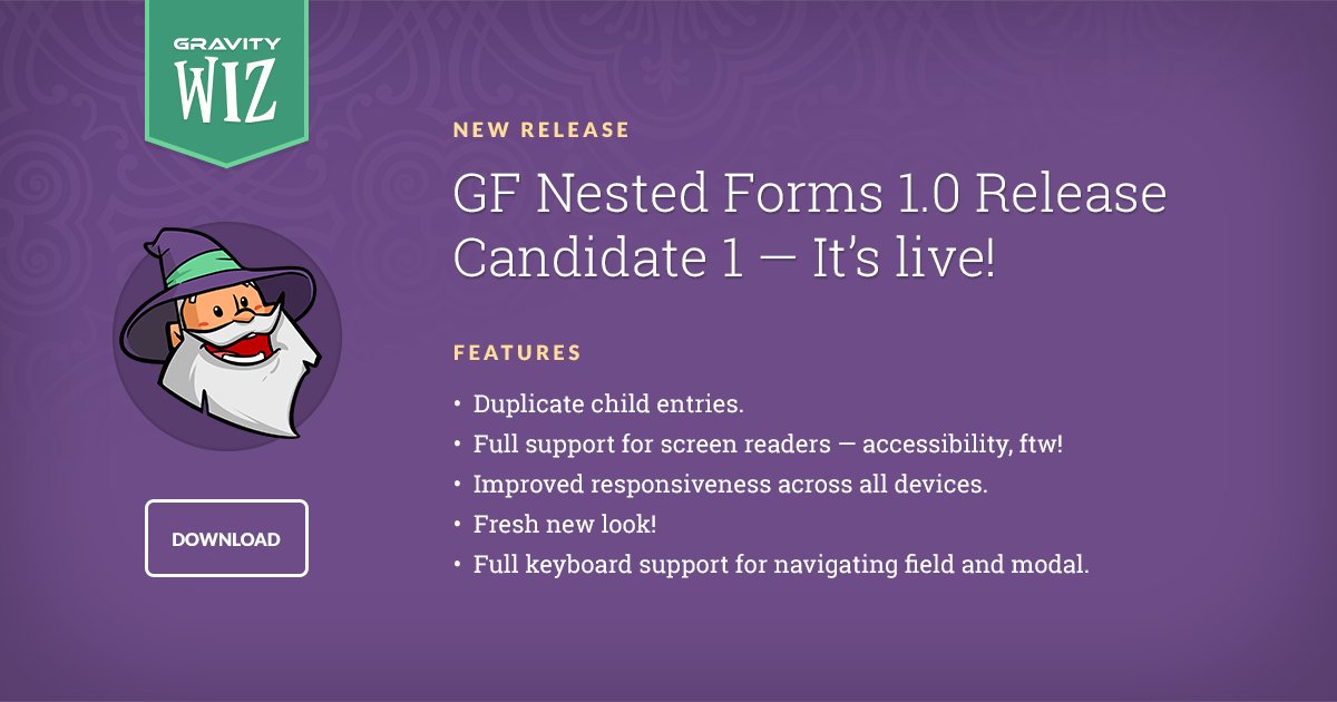 This one's five years in the making.
 
Our <a href="/gravityforms/">Gravity Forms</a> Nested Forms 1.0 release candidate is out today! 🧙
 
To celebrate the occasion, we've snuck in a bundle of new features - including the ability to duplicate child forms. 🥳
 
Get the details: gwiz.io/31JhxWO