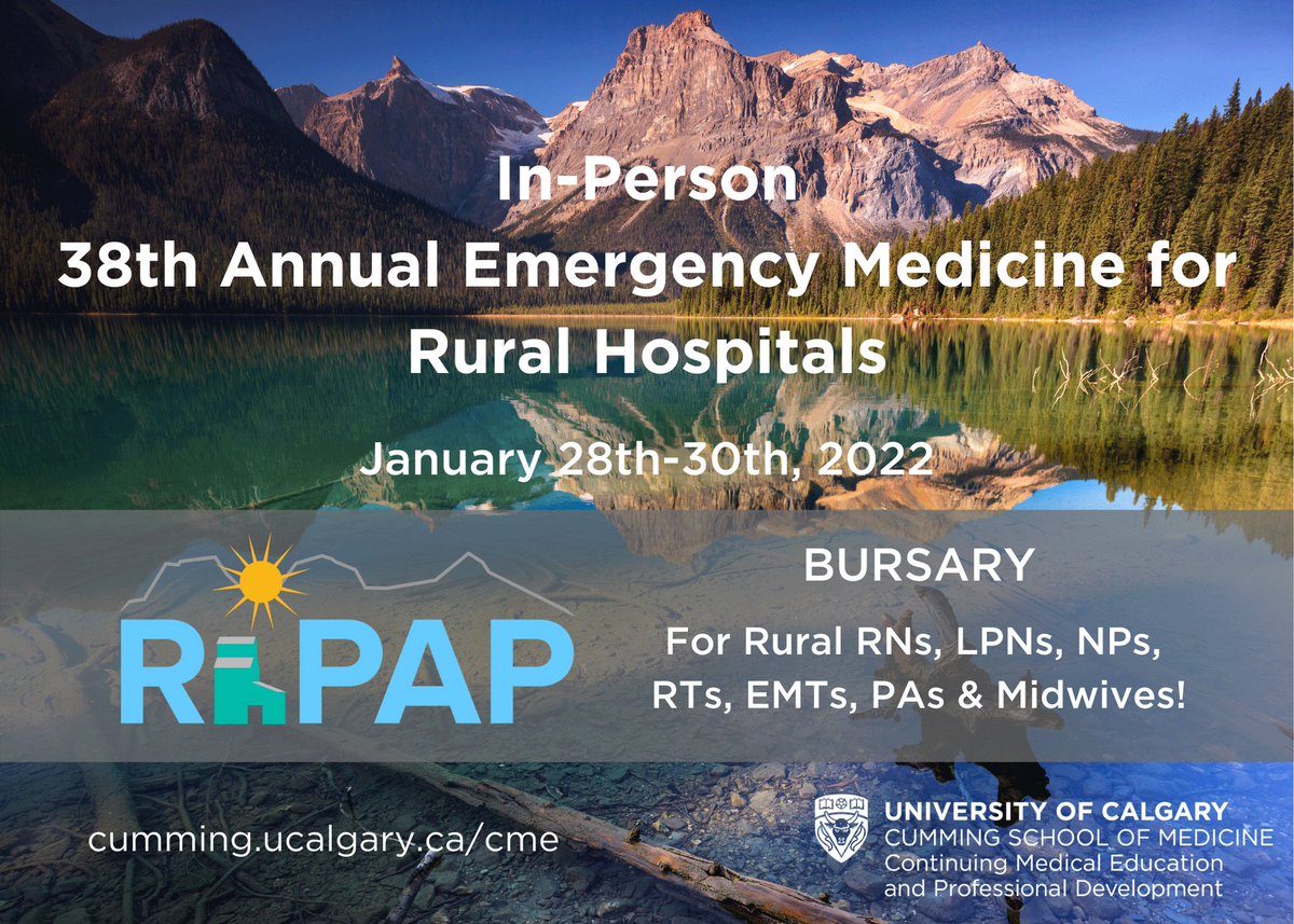 38th Annual Emergency Medicine for Rural Hospitals - Rural RNs, LPNs, NPs, RTs, EMTs, PAs &amp; Midwives: Get your in-person registration reimbursed through RhPAP!
Register now: ow.ly/czro50H7Bc4
Apply here: ow.ly/Vn4W50H7Bbl
#uofccme <a href="/AlbertaRhPAP/">Rural Health Professions Action Plan (RhPAP)</a>