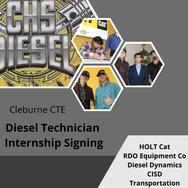 CleburneISD's tweet photo. Cleburne Career and Technical Education Diesel Technician Internship Signing: 10 students will be using, and perfecting, the skills they are learning at CHS--in the workplace! https://t.co/4hBQwy0TMR @HOLT_CAT @rdoequipment @DieselDynamic @CleburneCTE https://t.co/ib88TVOE7i
