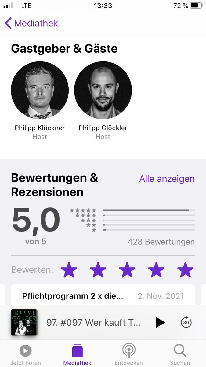 DIE Entdeckung des Jahres. Kluge Analysen und Gedanken plus gute Unterhaltung in einer Qualität, die Maßstäbe in der deutschsprachigen Podcastwelt setzt. Danke für 100 Folgen! <a href="/Doppelgaengerio/">Doppelgänger TechTalk</a> <a href="/gloeckler/">Philipp Gloeckler</a> <a href="/pip_net/">Philipp Kloeckner</a>