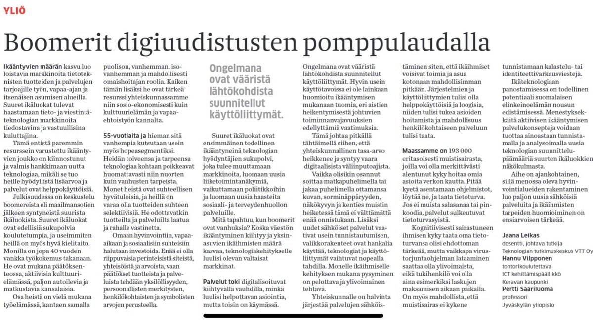 MT lehden artikkeli 29.11.2021, jossa asiaa ikäihmisten tarpeista. Tämä täytyy huomioida HVA hankkeissa!