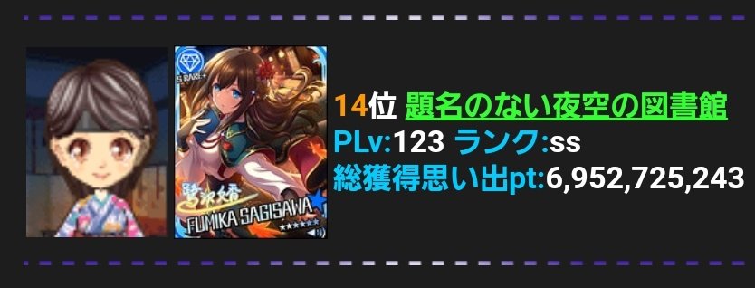 westerliesn's tweet image. そして、鷺沢文香担当プロダクション「題名のない夜空の図書館」は10thアニバアイプロという大舞台で14位となりました。
最上位のプロさんのように大した支援は出来ない代表ですが、この位置まで付けられたのは本当にプロの皆様のお陰です。ありがとう御座いました。