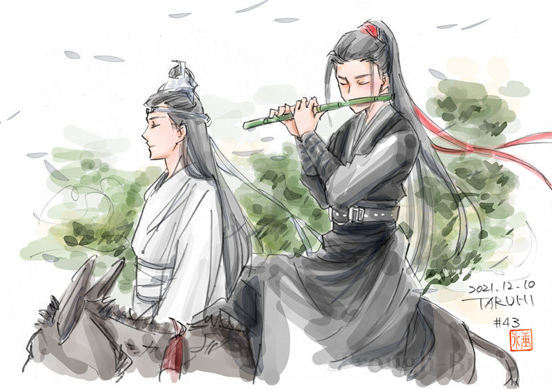 flute playing instrument 2boys instrument multiple boys music chinese clothes  illustration images