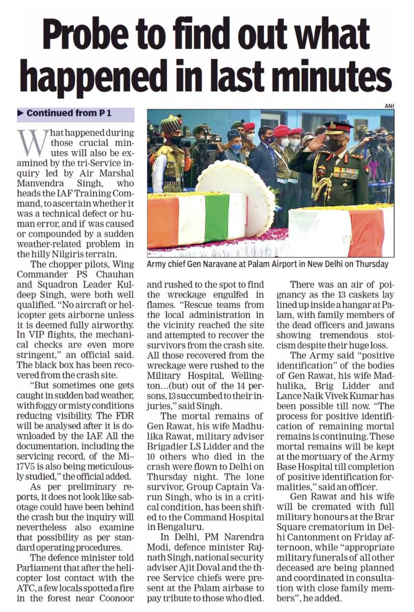 IamRajat_Pandit's tweet photo. High-level inquiry into the Mi-17 V5 crash that killed Gen #BipinRawat and 12 others starts under a three-star officer, with technical defect or human error being the main focus of attention. Possibility of sabotage being considered extremely remote. Black box recovered https://t.co/jv4Ut8EKA7