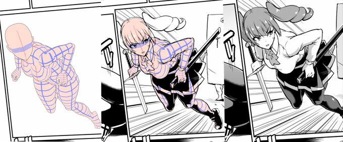 今回の女性キャラ、ほぼ全てのコマで、3Dデッサンモデル配置→そのまま線画で描いてみたのだけどどうじゃろ。 