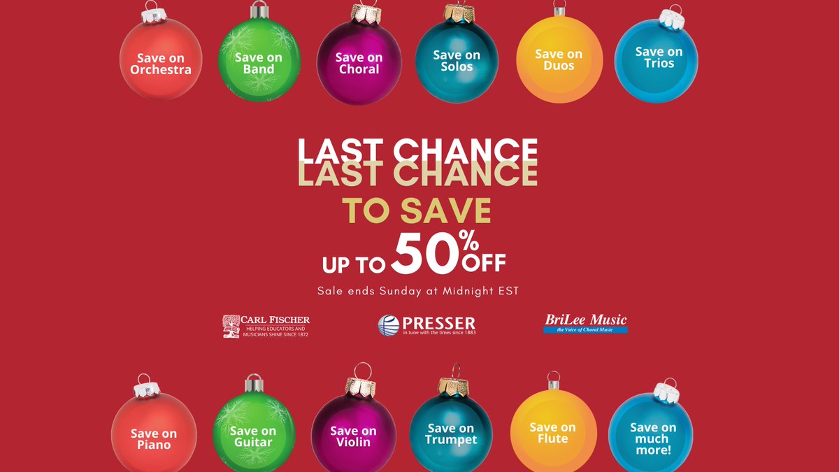 Theodore Presser Co. (@theodorepresser) on Twitter photo 👇 IT'S YOUR LAST CHANCE TO SAVE UP TO 50% OFF at our ONLY sale of the year.  Hundreds of titles.  Hurry, our sale ends Sunday 12/12 at Midnight EST.
Presser.com/holiday-sale-2…
#TheodorePresser #CarlFischerMusic #BriLeeMusic #classicalmusic  #musicteacher #musician #musicislife 👇 IT'S YOUR LAST CHANCE TO SAVE UP TO 50% OFF at our ONLY sale of the year.  Hundreds of titles.  Hurry, our sale ends Sunday 12/12 at Midnight EST.
Presser.com/holiday-sale-2…
#TheodorePresser #CarlFischerMusic #BriLeeMusic #classicalmusic  #musicteacher #musician #musicislife