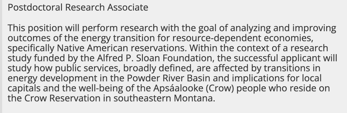 Hiring a post-doc in just transitions &amp; public finance. Queries welcome, screening begins Dec 16.  Native scholars encouraged. With @plentydoorscdc and <a href="/MarkHaggerty20/">Mark Haggerty</a>   
jobs.montana.edu/postings/27502