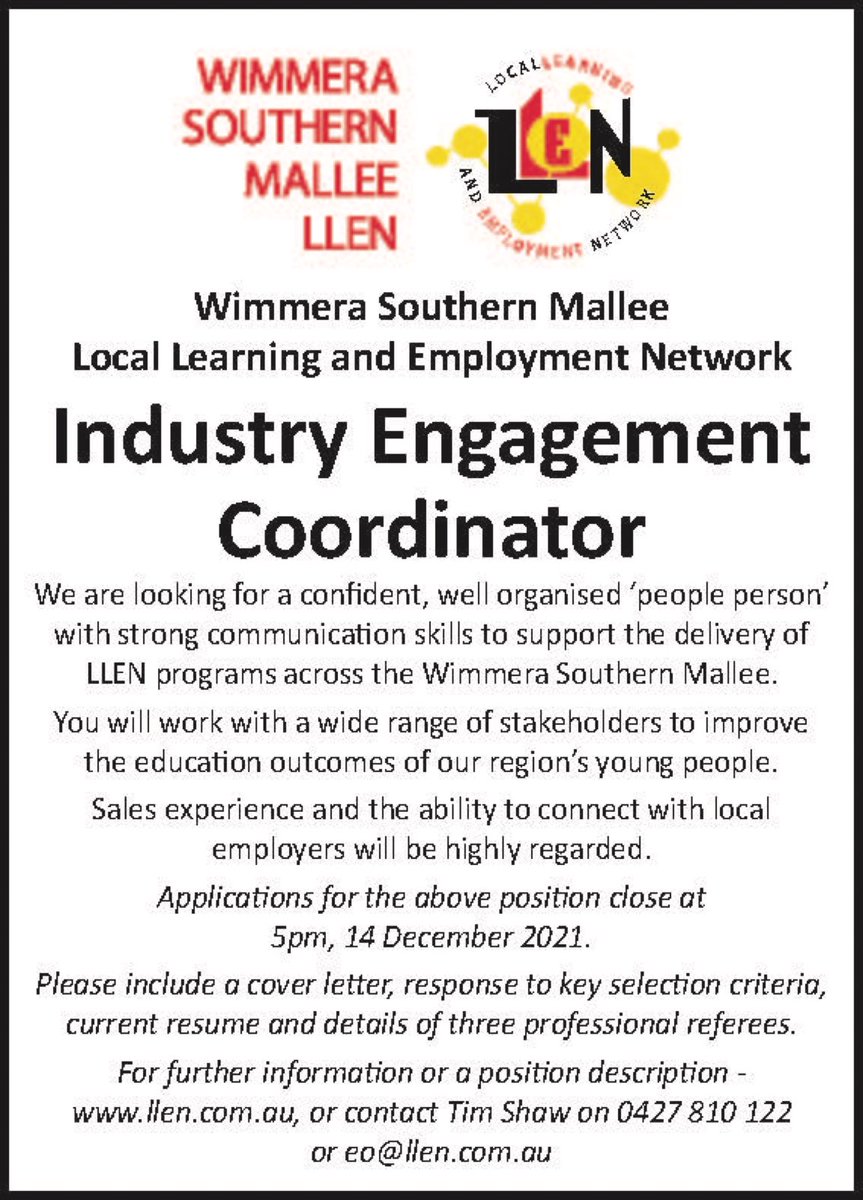 Wimmera SM LLEN (@wsmllen) on Twitter photo We are recruiting
We are looking for a great communicator to work with local business & schools to increase work placements for secondary students
Give us a call to find out more
<a href="/VicLLENs/">VicLLENs</a> @DETVic <a href="/The_WDA/">Wimmera Development Association Ltd</a> <a href="/HRCCouncil/">HRCC</a> <a href="/yarriambiack/">YarriambiackShire</a> <a href="/vicchamber/">Victorian Chamber</a> <a href="/GWMWater/">GWMWater</a> <a href="/wimmerapcp/">Wimmera PCP Inc.</a> @HOCWimmera We are recruiting
We are looking for a great communicator to work with local business & schools to increase work placements for secondary students
Give us a call to find out more
<a href="/VicLLENs/">VicLLENs</a> @DETVic <a href="/The_WDA/">Wimmera Development Association Ltd</a> <a href="/HRCCouncil/">HRCC</a> <a href="/yarriambiack/">YarriambiackShire</a> <a href="/vicchamber/">Victorian Chamber</a> <a href="/GWMWater/">GWMWater</a> <a href="/wimmerapcp/">Wimmera PCP Inc.</a> @HOCWimmera