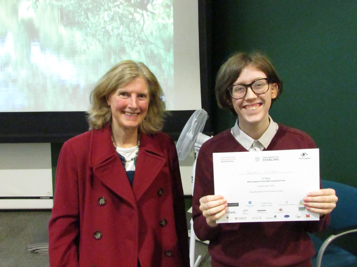 alloa_artdept's tweet photo. Fantastic news with our two finalists for 'ARTiculation'. Benjamin Williams was awarded first place for Scotland, in his presentation in this public speaking competition. Seen with Benjamin, is the adjudicator, Prof Frances Fowle. This was a phenomenal achievement. So proud!😀 https://t.co/h2I4l7jqHp