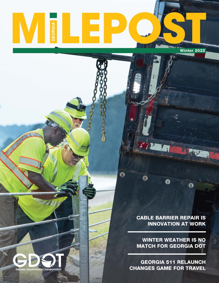 GADeptofTrans's tweet photo. In the Winter 2022 issue of the #GeorgiaMilepost you'll read about projects aimed at improving mobility; GDOT's winter weather preparedness efforts; and the new partnership with Sponsor-A-Hwy in connection to the Keep It Clean GA anti-littering campaign.
https://t.co/Xo6yGUwBa3 https://t.co/JWoOFep7qo