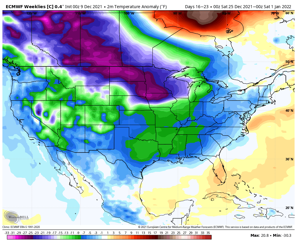 energywx's tweet photo. Latest long-range ECMWF is in. Control member sticking with its guns on Arctic blast Dec. 27 - Jan 2 emanating from Canada; general cooler themes from prev. forecast in Canada and extreme N. US. Fresh post tomorrow AM #winterwx #natgas https://t.co/T591ngMac4