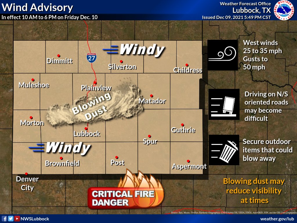 NWSLubbock's tweet image. ❗️[Reminder]❗️: With strong winds (gusts to 50 mph) on the way tomorrow, be sure to secure items that may blow away, such as holiday decorations and trash cans. A Wind Advisory will be in effect for the entire area beginning at 10 AM. #lubwx #txwx