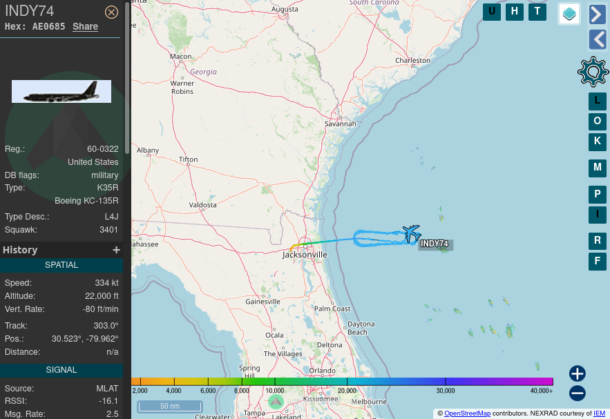 TheIntelFrog's tweet photo. Action continues in the SEALORD op area off of northeast Florida.  KC-135R Stratotanker #AE0685 as INDY74 in an AAR orbit this evening. https://t.co/gf799AhTmu