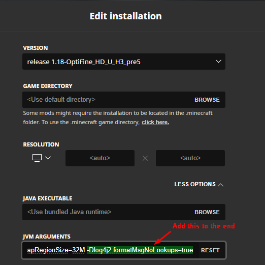 cubername's tweet image. Hey all! If you're curious on what you can do to protect yourself from a recent vulnerability found in Log4j (impacts most MC servers you may join), add the following to your JVM Arguments in your current installation profile in your MC launcher. 
-Dlog4j2.formatMsgNoLookups=true