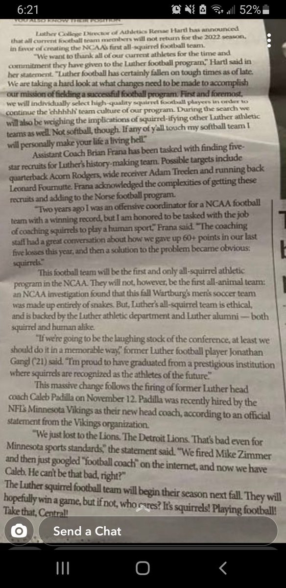 jonathongangl's tweet photo. @lutherchips I have never read a more appalling article in my life "joke" or not that is garbage. How dare you take hard working student athletes and mock them. Then use fake quotes from former teammates. I am a proud @LutherFootball alum and always will be. @jenifer_ward https://t.co/pFJlfKuCB9