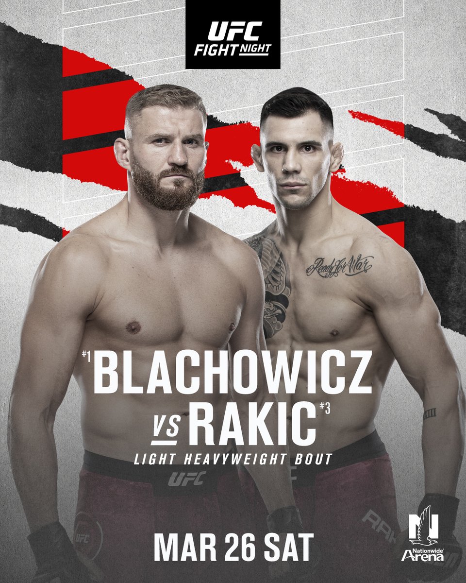 Two European LHWs vying to be next in line for the gold! 

🇵🇱 <a href="/JanBlachowicz/">Jan Blachowicz</a> vs 🇷🇸 @Rakic_UFC is your #UFCColumbus main event!

[ Sat March 26 🔗 ufc.com/columbus-presa… | <a href="/NationwideArena/">Nationwide Arena</a> ]