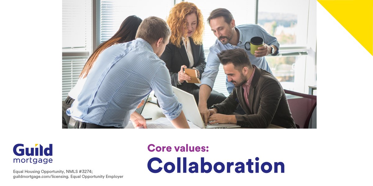 guildmortgageco's tweet photo. We have a special  culture, The Guild Way. It’s centered around our six core values. One of these is collaboration. We encourage everyone to speak up and share their ideas so we can work together to find the best solutions.

#GuildMortgage #CoreValues #Collaboration https://t.co/TW79vNdv7z