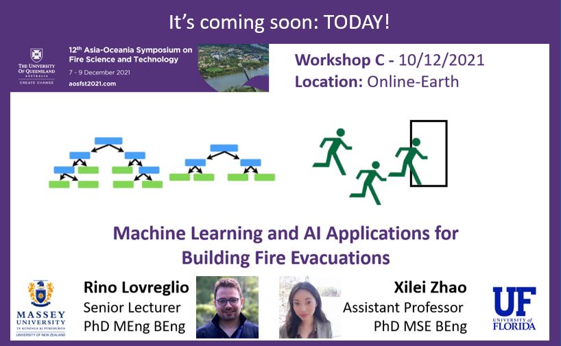 r_lovreglio's tweet photo. Do not forget to attend today Workshop C on #MachineLearning and #ArtificialIntelligence organized by Thomas Cleary and Andy Tam from #NIST for #AOSFST2021
Dr @xileizhao and I will show some applications focusing on #Building and #Wildfire #Evacuations! https://t.co/3nqYcr25jp