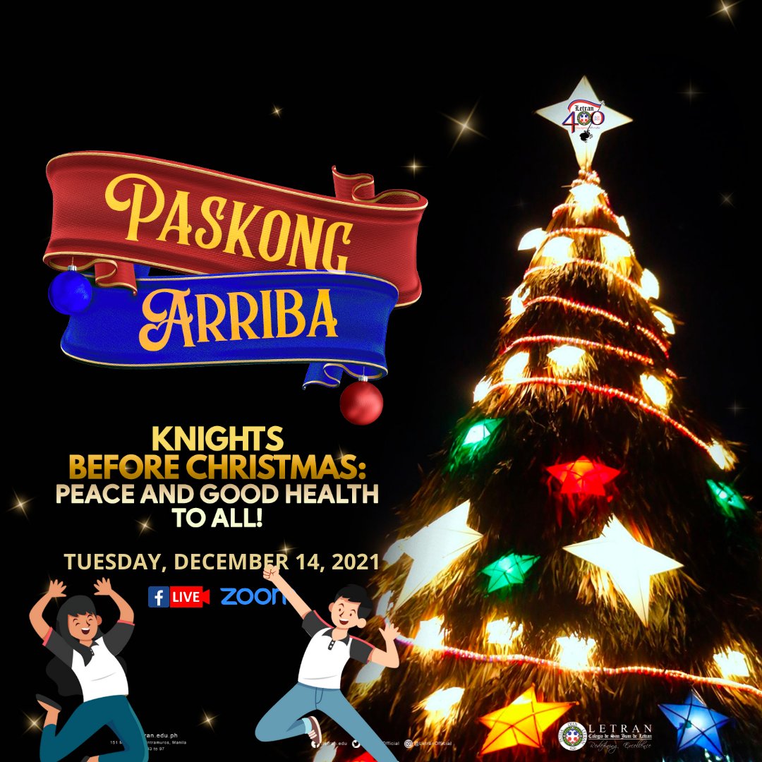 LetranOfficial's tweet photo. PASKONG ARRIBA 2021

Get ready for a fun-filled day before we spend the holidays! Are you ready to win exciting prizes? 

Be on the lookout for our live stream on our official Facebook page.

Arriba!

#PaskongArriba2021 https://t.co/i5LlMgYzsX