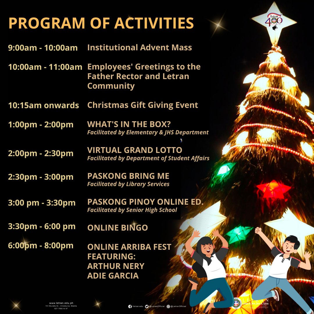 LetranOfficial's tweet photo. PASKONG ARRIBA 2021

Get ready for a fun-filled day before we spend the holidays! Are you ready to win exciting prizes? 

Be on the lookout for our live stream on our official Facebook page.

Arriba!

#PaskongArriba2021 https://t.co/i5LlMgYzsX