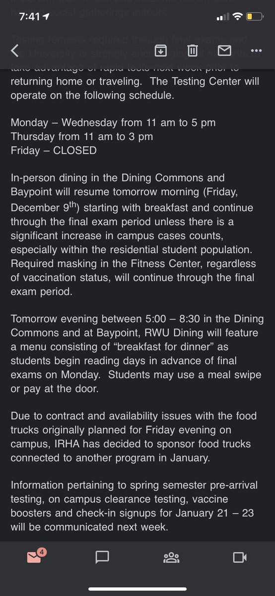 BREAKING — in-person dining will resume tomorrow morning for breakfast. Dining will have breakfast for dinner tomorrow night instead of IRHA’s Late Night Breakfast event. Students may use a meal swipe or pay at the door. Remember to continue testing.