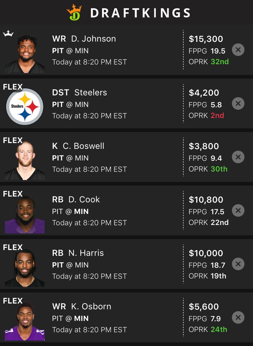 JSPicks18's tweet photo. DFS Line up 12/9🔒
NFL Steelers/Pittsburgh Showdown
Favorite play tonight
Diontae Johnson:
My projection 27.8
Bets:
Diontae Johnson Over 80.5 Receiving yards
#DFS #Draftkings #DFSNFL #DraftkingsNFL #NFLDFS https://t.co/ApMWu46dpS