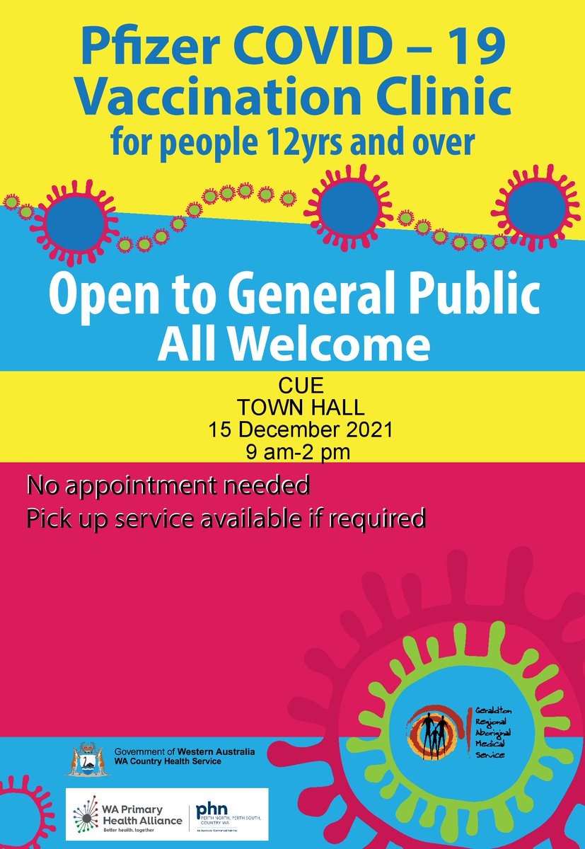 Vaccination Clinic open to all, 15/12/2021 @ Cue Town Hall.  Don't have transport? Let us know and we'll make the arrangements! Come down and get a free sausage sizzle too! #FB