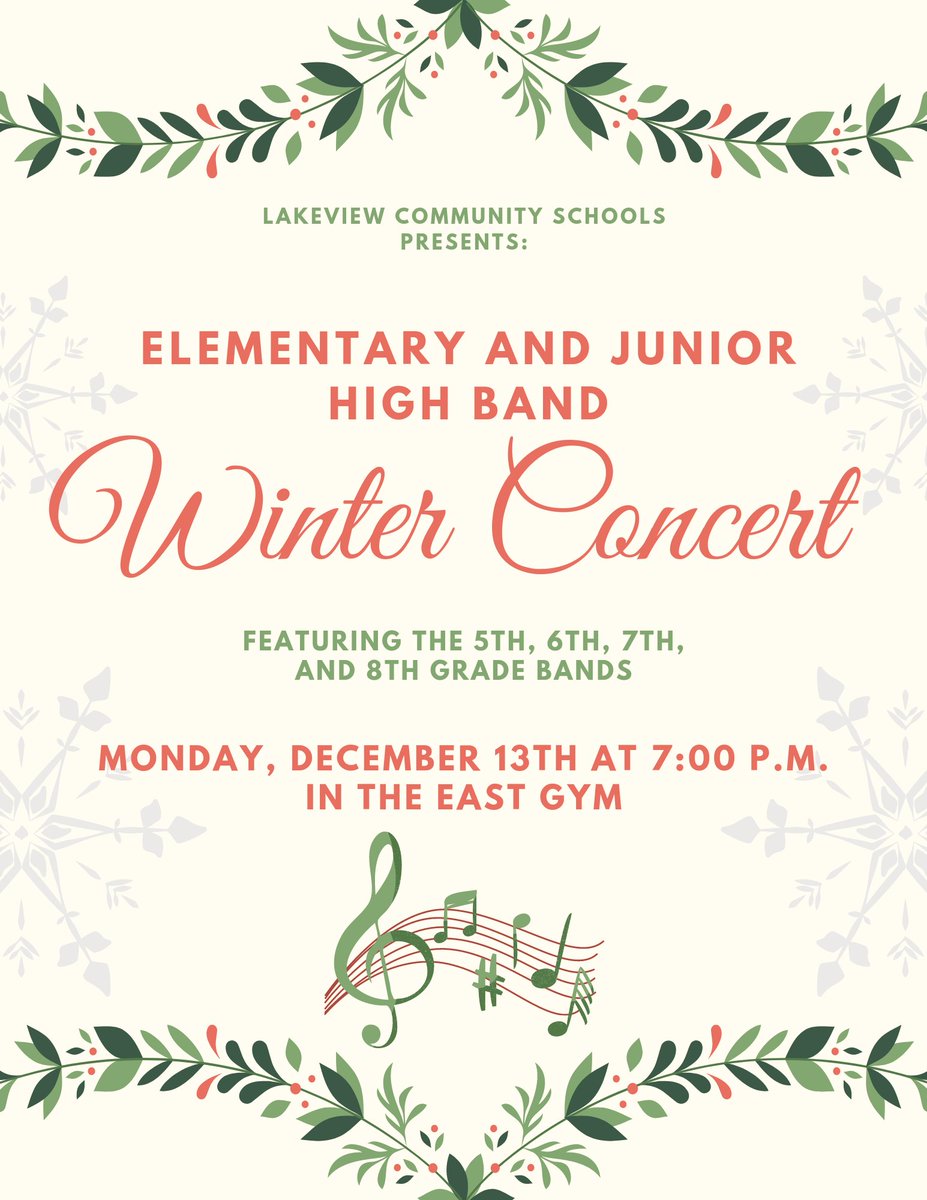 Next week will start off with some holiday cheer from our 5th-8th grade bands! Join us  on Monday at Lakeview in the East Gym at 7:00 p.m. to hear some fun music from elementary and junior high students! 🎶🎄