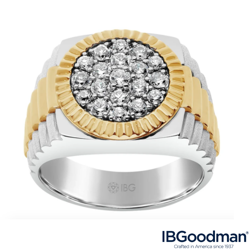 IBGoodman's tweet photo. Start the new year off with style. This classic two-tone gold cluster ring has 1.00 ct. TDW round HI/I1-I2 diamonds and a satin finish. Use code DEC20OFF to save 20% off the sale price! https://t.co/qY7tQsDc0U #mensrings #jewelryformen #madeintheusa #artisanaljewelry https://t.co/VMHxoIcfzP