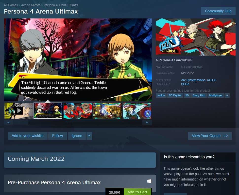 Persona 4 Arena Ultimax costs 30 dollars, steam page live now. 