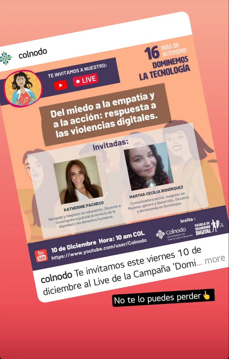 kathe_pacheco's tweet photo. 16 dias de activismo. Acompañanos para hablar de las #violenciasdigitales. @Colnodo https://t.co/5vPdnF15hs