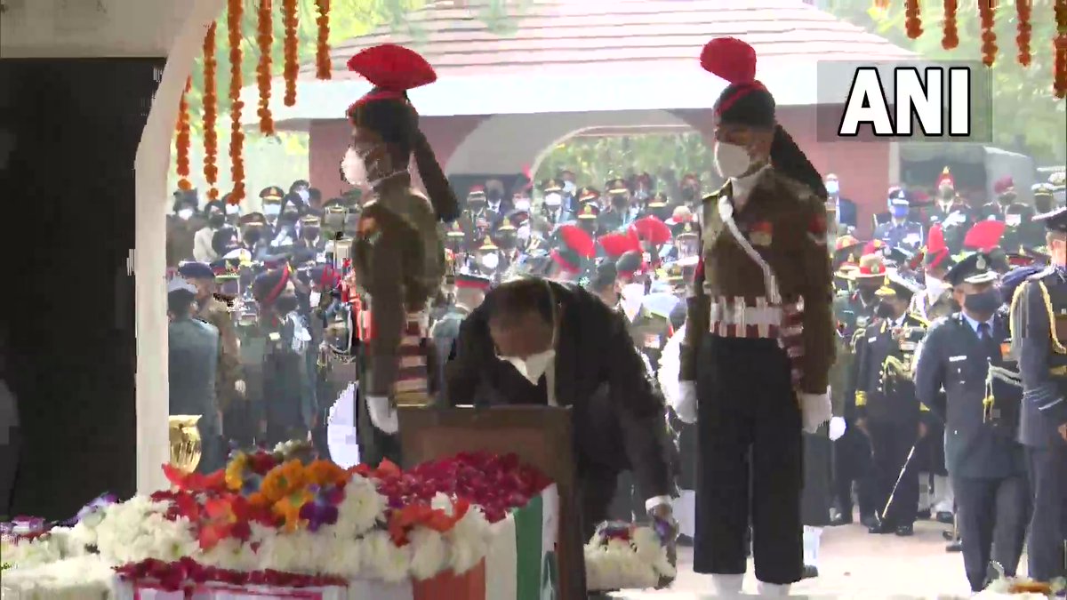 ANI's tweet photo. Delhi: NSA Ajit Doval pays tribute to Brig LS Lidder at Brar Square, Delhi Cantt.

#TamilNaduChopperCrash https://t.co/AlPu4CQIW9