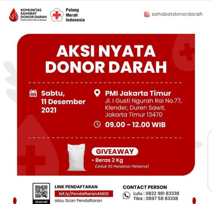 #INFO #DonDar #Jakarta | 11 Desember 2021 | 09.00-12.00 WIB | PMI Jakarta Timur. Jl. I Gusti Ngurah Rai No. 77 Klender, Duren Sawit | Pendaftaran bit.ly/PendaftaranANDD | <a href="/afrkml/">Яizal do</a> <a href="/eddibrokoli/">EDDI BROKOLI</a> <a href="/jadibaikidn/">JadiBaikIDN</a> <a href="/ElshintaDotcom/">ElshintaNews</a> <a href="/AIS_JKT/">Jakarta Gooners</a> <a href="/jakpost/">The Jakarta Post</a> <a href="/yayasan_sbi/">Sejahtera Bersama Islam</a> <a href="/inewsdotid/">iNews.id</a>
