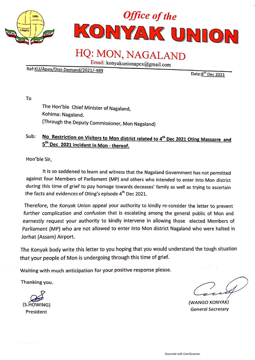 GauravGogoiAsm's tweet photo. I’m grateful to the Konyak Union who have written to the Chief Minister of Nagaland requesting that there should be no restriction on visitors who want to ascertain the truth behind the shootings of ordinary civilians on 4th-5th December. In my opinion Home Minister should visit. https://t.co/RnSw0Crarz