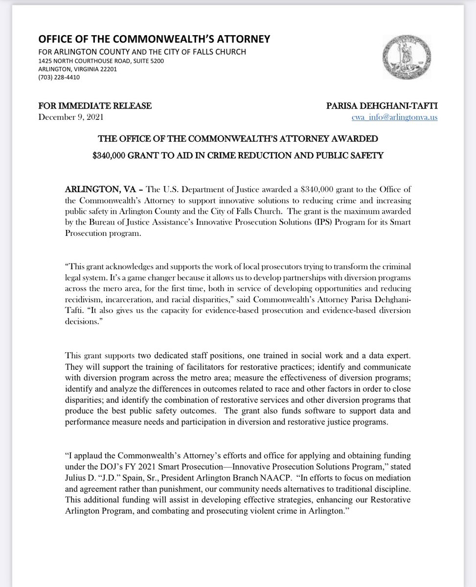 CA4Arlington's tweet photo. 1/2 The Office of the Commonwealth’s Attorney is honored and delighted to announce that the U.S. Department of Justice has awarded our office a $340,000 grant to support criminal justice reform and innovation. The grant is the maximum award by DOJ’s Bureau of Justice Assistance. https://t.co/EQQLya8Z5e
