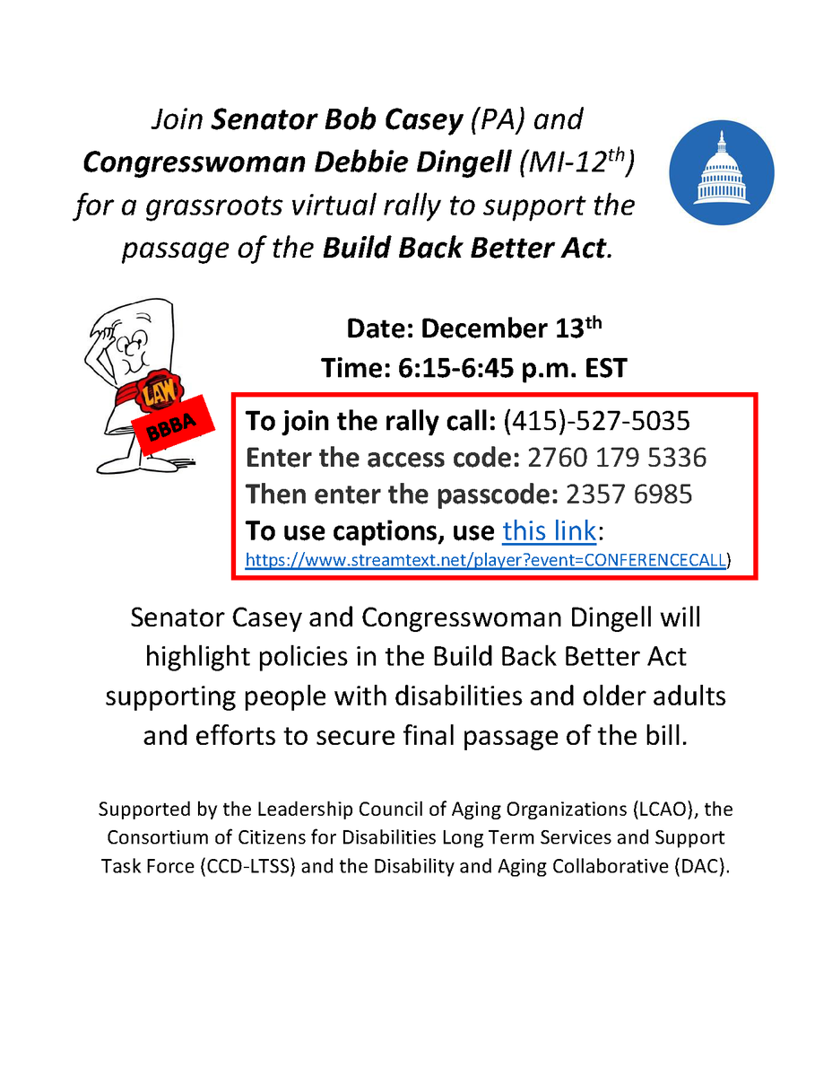 TheArcPA's tweet photo. Join @SenBobCasey &amp; @RepDebDingell on Mon, Dec 13th from 6:15 pm – 6:45 pm for a virtual rally supporting the Build Back Better Act, which includes critical funding for disability services!

To use captions, use this link:
httos://www.streamtext.net/plaver?event=CONFERENCECALL https://t.co/UjqPy3vua8