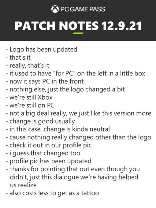 Patch
notes list about what has changed with the new PC Game Pass logo and name.