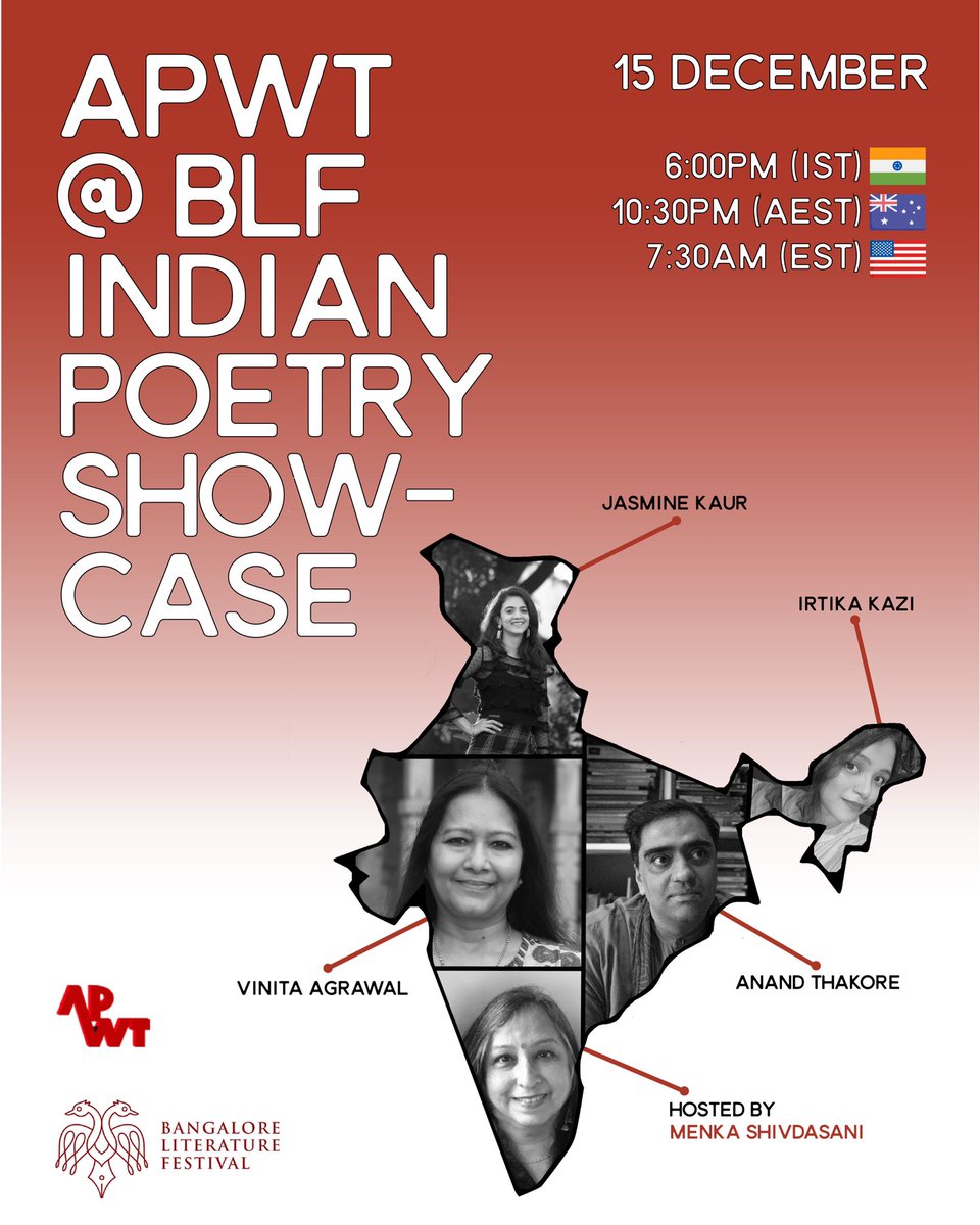 vinita65's tweet photo. Save the date! Delighted to announce that APWT @ BLF will go live in a curtain raiser virtual event for the Bangalore Literature festival on 15 December at 6pm (IST). This showcase features some established and emerging Indian poets and APWT members. #APWT https://t.co/C9P7feu3NP