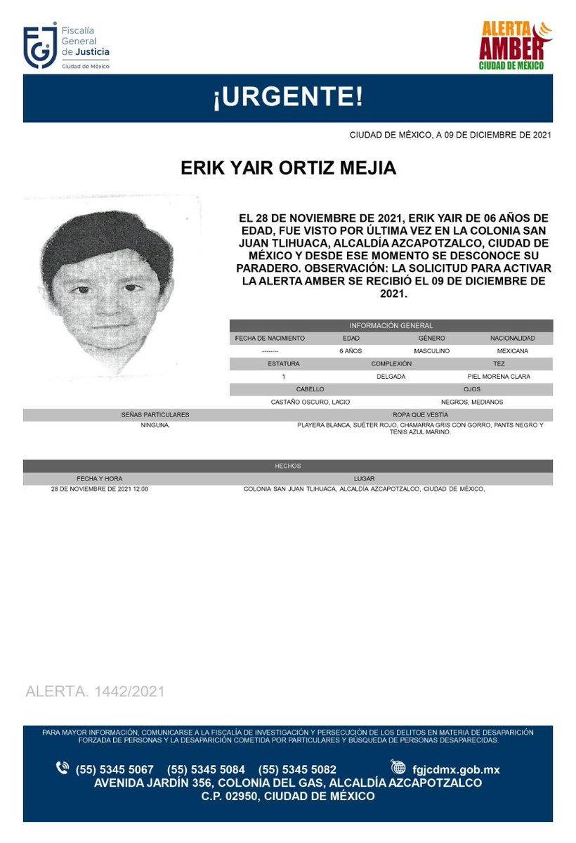 FiscaliaCDMX's tweet photo. Se activa #AlertaAmber para localizar al menor de 06 años de edad, Erik Yair Ortíz Mejía, fue visto por última vez el día 28 de noviembre 2021 en la colonia San Juan Tlihuaca, alcaldía #Azcapotzalco https://t.co/fsdPYCSRqU