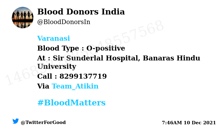 BloodDonorsIn's tweet photo. #Varanasi
Need #Blood Type :  O-positive
Blood Component : Packed Red Blood Cells
Number of Units : 20
Primary Number : 8299137719
Patient : Iqbaal Ahmad
Illness : Cancer
Via: @Team_Atikin
#BloodMatters
Powered by Twitter https://t.co/yhGAHCIlQI