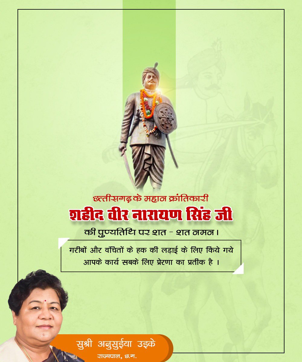 GovernorCG's tweet photo. छत्तीसगढ़ के महान स्वतंत्रता संग्राम सेनानी अमर शहीद वीर नारायण सिंह जी के शहादत दिवस पर उन्हें सादर नमन।

शहीद वीर नारायण सिंह प्रदेश के महान स्वतंत्रता संग्राम सेनानी थे,जिन्होंने गरीबों की भलाई और देश की आजादी के लिए अपने प्राणों की आहूति दे दी थी।(1/2) https://t.co/cCkDsEGYms