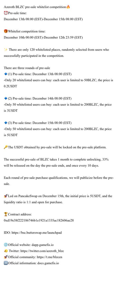 Azeroth_BLZC's tweet photo. BLZC🚀will be available on PancakeSwap on December 15 (EST). There will be three pre-sales🎁 (picture) before the launch.
🎈Contract address: 0xd19e38f222186746b1e1921a1335ac182606ae28 https://t.co/nxU6zV1Zsk