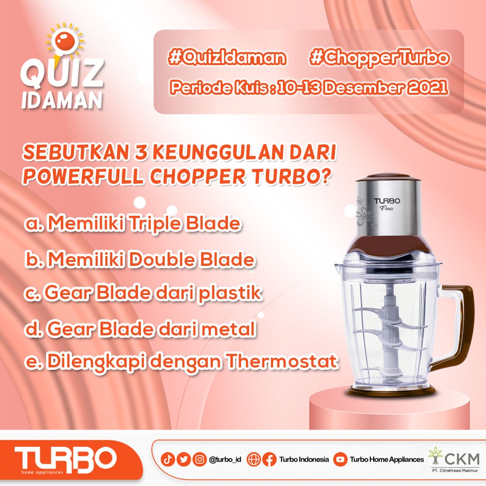 ✨GIVEAWAY ALERT✨

Teman Idaman, Yuk ikutan #QuizIdaman yang berhadiah pulsa!

Kali ini Turbo mengajak kalian untuk menyebutkan 3 keunggulan dari produk baru powerful Chopper Turbo..

Untuk info lebih lanjut cek postingan Instagram yah👌